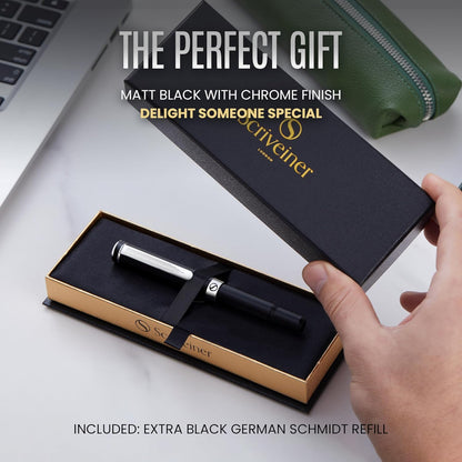 Scriveiner Black Rollerball EDC Luxury Pen, Stunning Pocket Pen with Chrome Finish, Cool Writing Pen, Best Pen Gift for Men & Women, German Schmidt Refill, Nice Present, Fancy Office Designer Pen Set