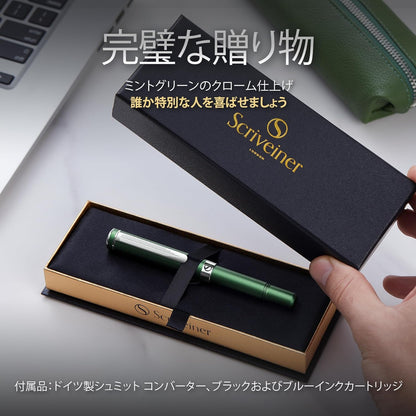 Scriveiner Premium EDC Fountain Pen Medium Point, Lovely Matte Green Pocket Pen, Chrome Finish, Schmidt Tip, Converter, Best Writing Instrument Gift Set for Men & Women, Nice Office Designer Pen
