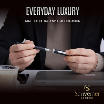 Scriveiner Black Rollerball EDC Luxury Pen, Stunning Pocket Pen with Chrome Finish, Cool Writing Pen, Best Pen Gift for Men & Women, German Schmidt Refill, Nice Present, Fancy Office Designer Pen Set