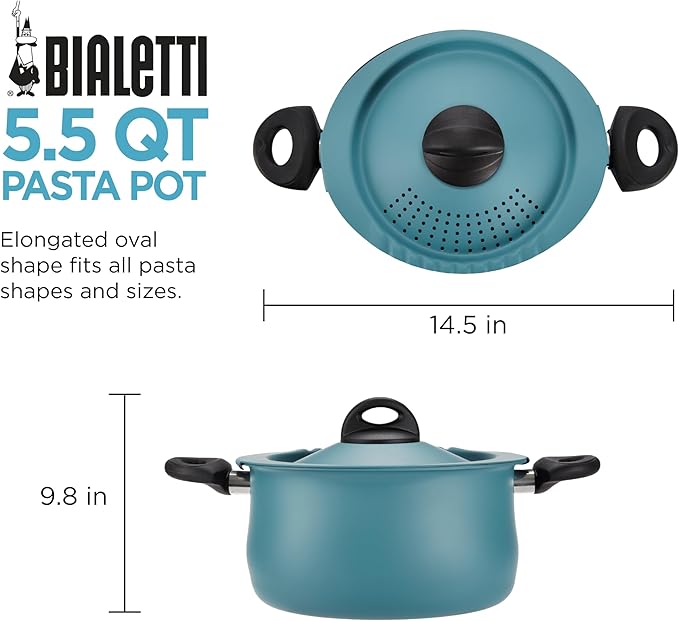 Bialetti Taste of Italy Nonstick Pasta Pot with Strainer Lid, 5.5 Quart, Teal