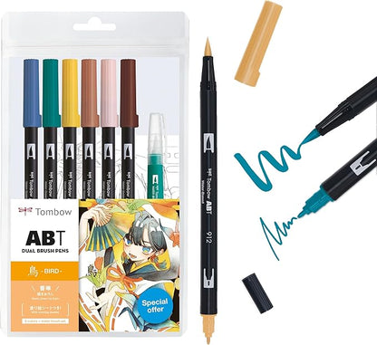 TOMBOW  Pencil Brush Pen Dual Brush Pen ABT 6 Colors & Water Brush Illustration Set Flower AB-T6CFRQA