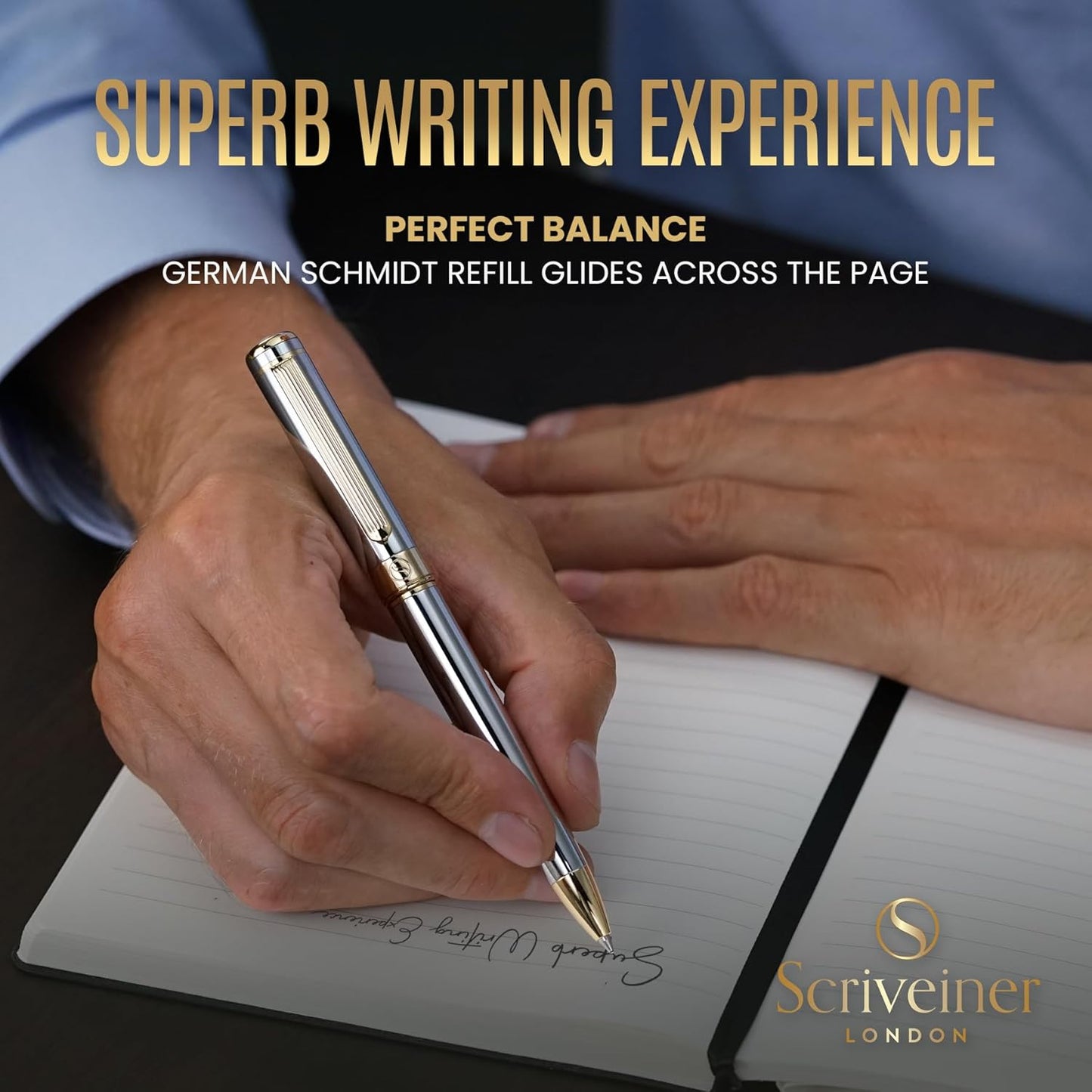 Scriveiner Silver Chrome Ballpoint Pen - Stunning Luxury Pen, 24K Gold Finish, Schmidt Ink Refill, Best Engraved Ballpoint Pen Gift Set for Men and Women, Custom Name Engraving, Custom Name Engraving,