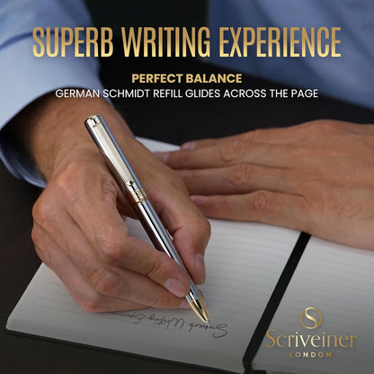 Scriveiner Silver Chrome Ballpoint Pen, Premium 24k Gold Finish, Schmid