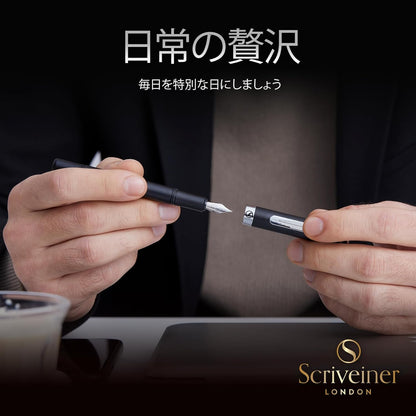 Scriveiner Luxury EDC Fountain Pen (Medium) Elegant Matte Black Pocket Pen 2-Chrome Finish Schmidt German Nib Converter Best Writing Pen Gift Set for Men and Women Elegant Stylish Office Designer Pen