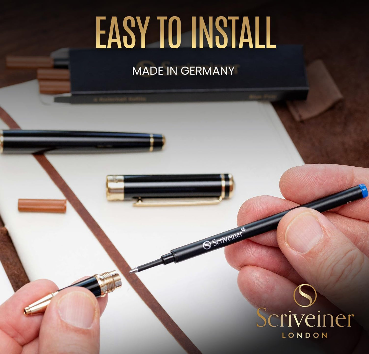 Scriveiner Blue Fine Rollerball Refills - Set of 4 Rollerball Refills for Scriveiner Pens - Safe Ceramic No-Dry Roller Pen Refills F - Schmidt888 Size - Made in Germany