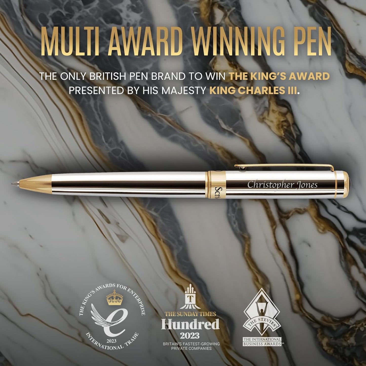Scriveiner Silver Chrome Ballpoint Pen - Stunning Luxury Pen, 24K Gold Finish, Schmidt Ink Refill, Best Engraved Ballpoint Pen Gift Set for Men and Women, Custom Name Engraving, Custom Name Engraving,