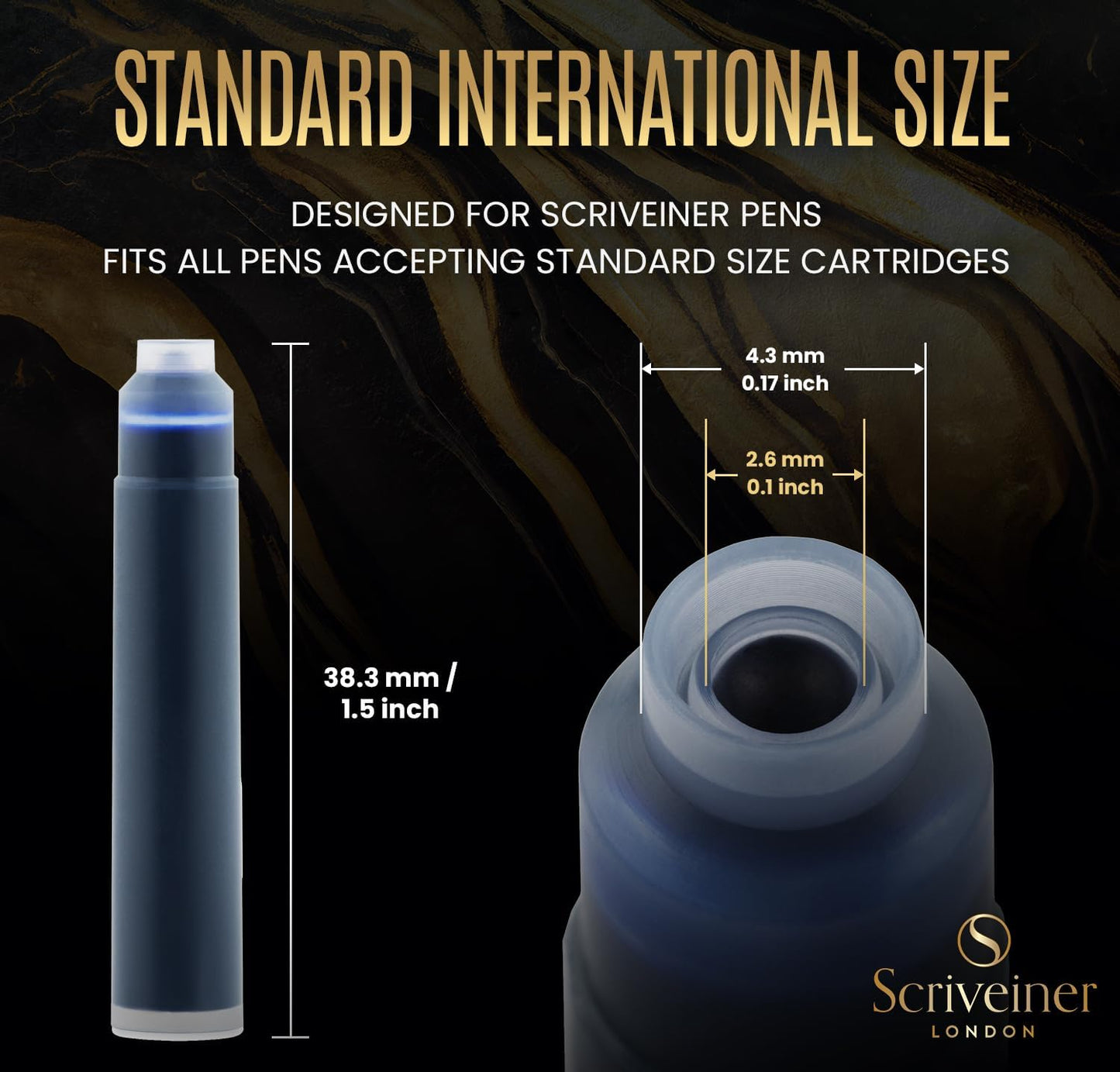 Scriveiner Fountain Pen Ink Cartridges - Blue - 20 Standard Ink Cartridges, Made in the UK, Best Cartridge for Scriveiner Pens, Refill Size Fits Various Fountain Pens
