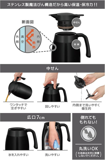 Thermos TTB-2001 MTBK Stainless Steel Pot,  Matte Black, Insulated Tabletop Pot, Vacuum-Sealed Bottle Structure, Keeps Contents Hot or Cold
