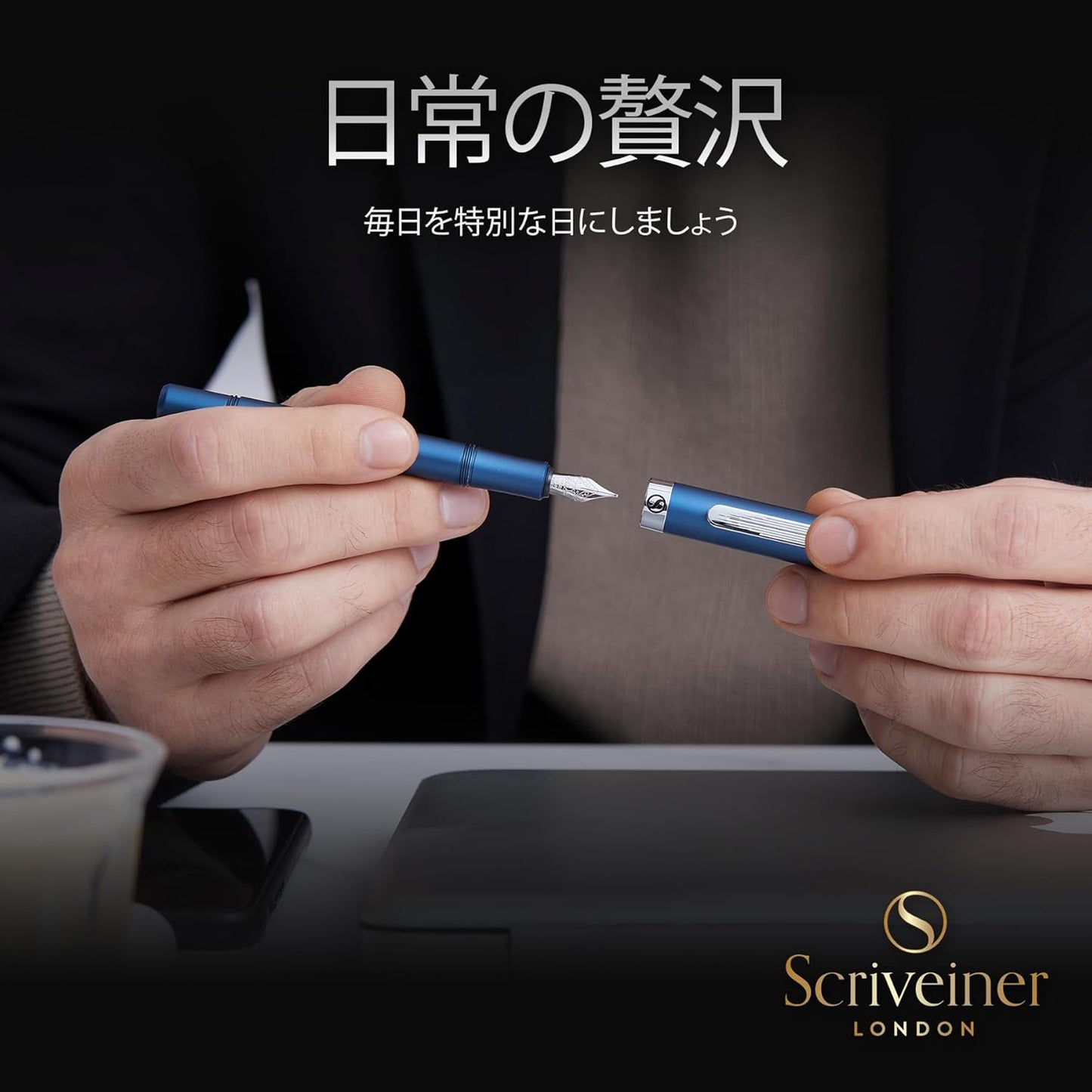 Scriveiner Premium EDC Fountain Pen Medium Nib Lovely Matte Blue Pocket Pen, Chrome Finish, Schmidt Tip, Converter, Best Writing Instrument Gift Set for Men & Women, Nice Office Designer Pen