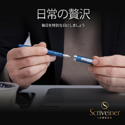 Scriveiner Premium EDC Fountain Pen Medium Nib Lovely Matte Blue Pocket Pen, Chrome Finish, Schmidt Tip, Converter, Best Writing Instrument Gift Set for Men & Women, Nice Office Designer Pen