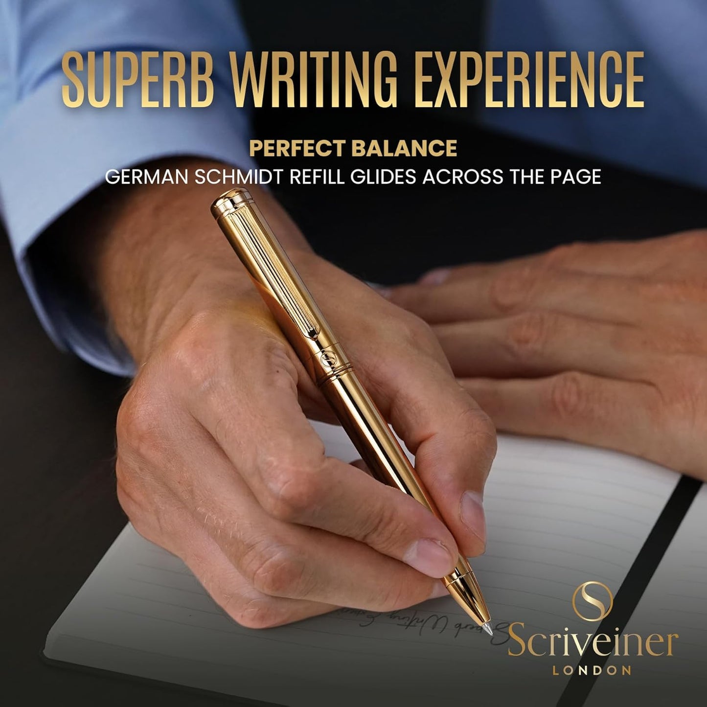 Scriveiner Ballpoint Pen, Premium 24k Gold Finish, Schmidt, Black Refill, Best Ballpoint Pen Gift Set for Men Women Businessmen Offices (Gold)