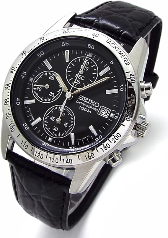Seiko SND367P1 Chronograph Wristwatch, Genuine Leather Strap Set, Domestic Genuine Distribution, Black, 1 piece