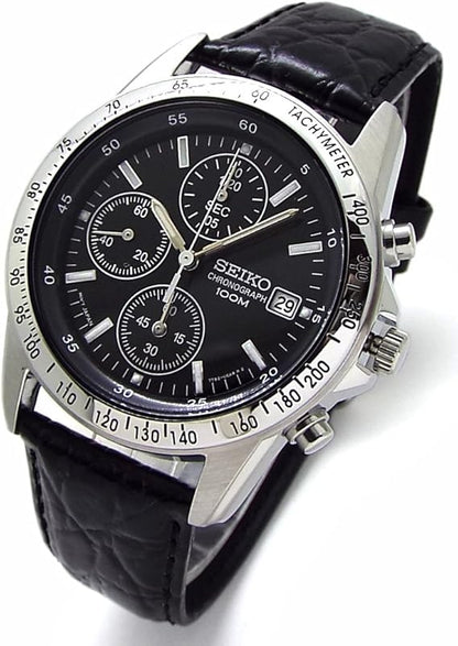 Seiko SND367P1 Chronograph Wristwatch, Genuine Leather Strap Set, Domestic Genuine Distribution, Black, 1 piece