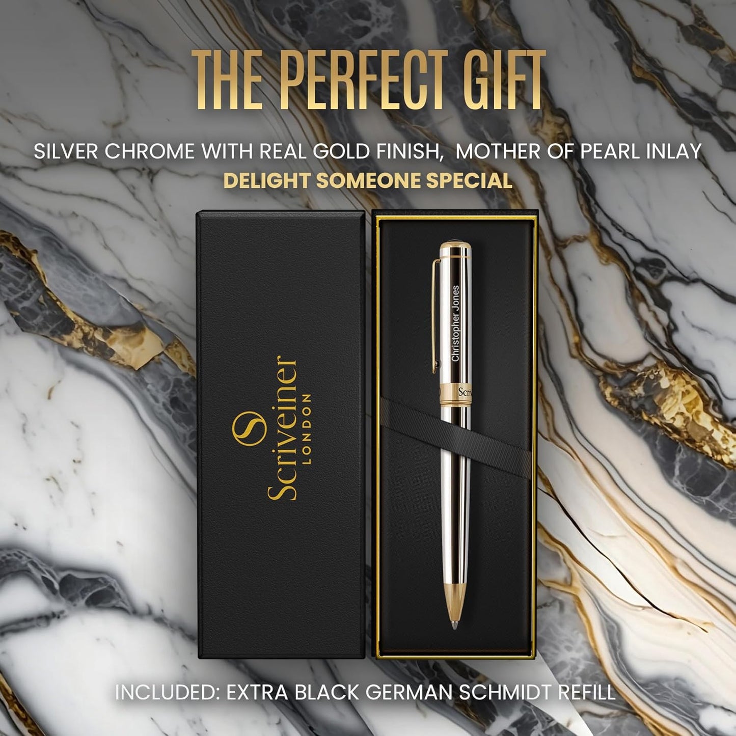 Scriveiner Silver Chrome Ballpoint Pen - Stunning Luxury Pen, 24K Gold Finish, Schmidt Ink Refill, Best Engraved Ballpoint Pen Gift Set for Men and Women, Custom Name Engraving, Custom Name Engraving,