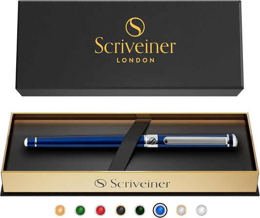 Scriveiner Luxury Rollerball Pen with Schmidt Ink Refill - Chrome Finish - Perfect Gift Set for Men, Women, Professionals, Executives, Office Use (Stunning Blue Midnight Blue)