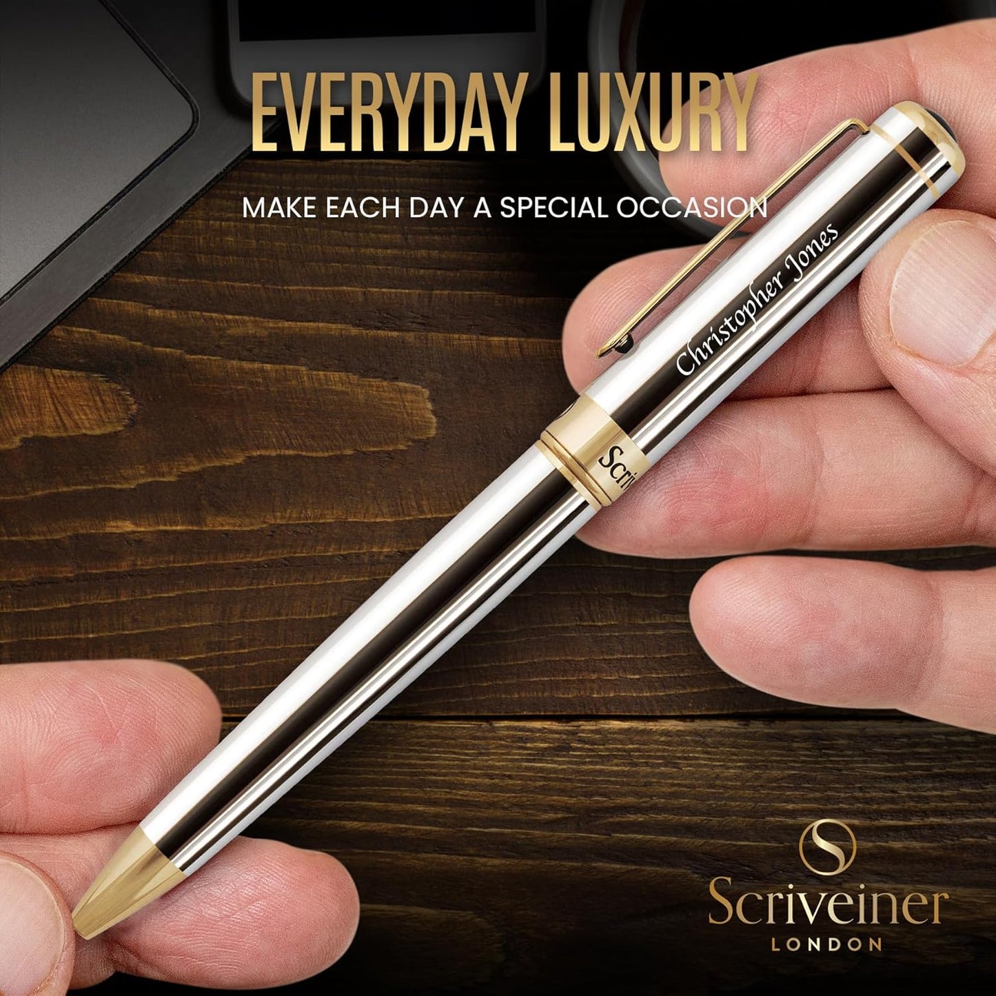 Scriveiner Silver Chrome Ballpoint Pen - Stunning Luxury Pen, 24K Gold Finish, Schmidt Ink Refill, Best Engraved Ballpoint Pen Gift Set for Men and Women, Custom Name Engraving, Custom Name Engraving,