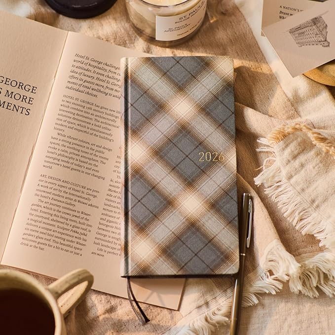 HOBONICHI  Notebook, 2026 Weeks, English Version, Shirt Fabric, Foggy Check From January, Weekly Notebook, Weekly Lift, Slim and Long
