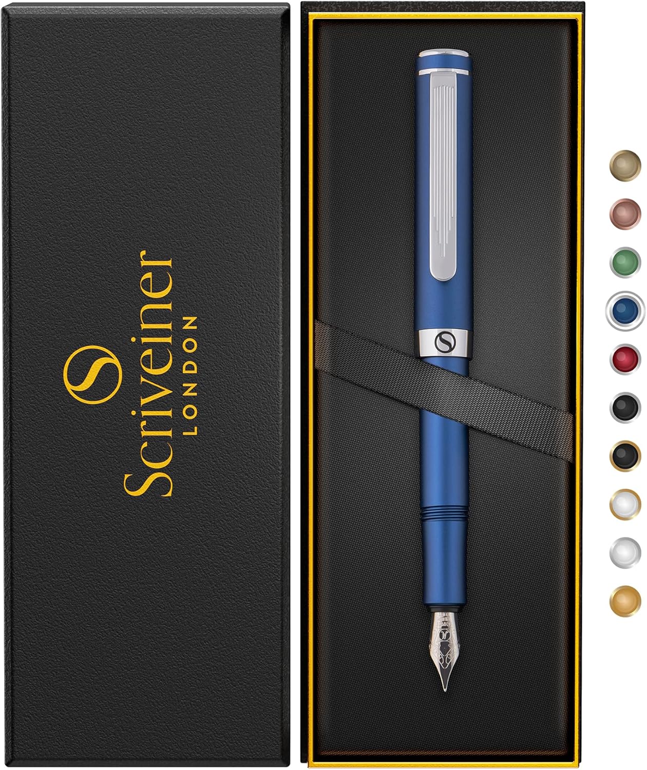 Scriveiner Premium EDC Fountain Pen Medium Nib Lovely Matte Blue Pocket Pen, Chrome Finish, Schmidt Tip, Converter, Best Writing Instrument Gift Set for Men & Women, Nice Office Designer Pen
