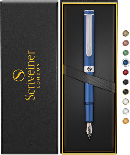 Scriveiner Premium EDC Fountain Pen Medium Nib Lovely Matte Blue Pocket Pen, Chrome Finish, Schmidt Tip, Converter, Best Writing Instrument Gift Set for Men & Women, Nice Office Designer Pen