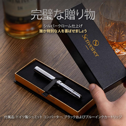 Scriveiner Luxury EDC Fountain Pen (Medium) Elegant and Substantial Pocket Pen Chrome Finish Schmidt German Nib Converter Best Writing Pen Gift Set for Men and Women Stylish Office Designer Pen