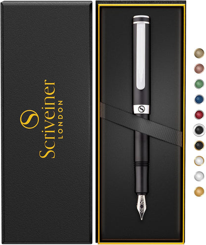 Scriveiner Luxury EDC Fountain Pen (Medium) Elegant Matte Black Pocket Pen 2-Chrome Finish Schmidt German Nib Converter Best Writing Pen Gift Set for Men and Women Elegant Stylish Office Designer Pen