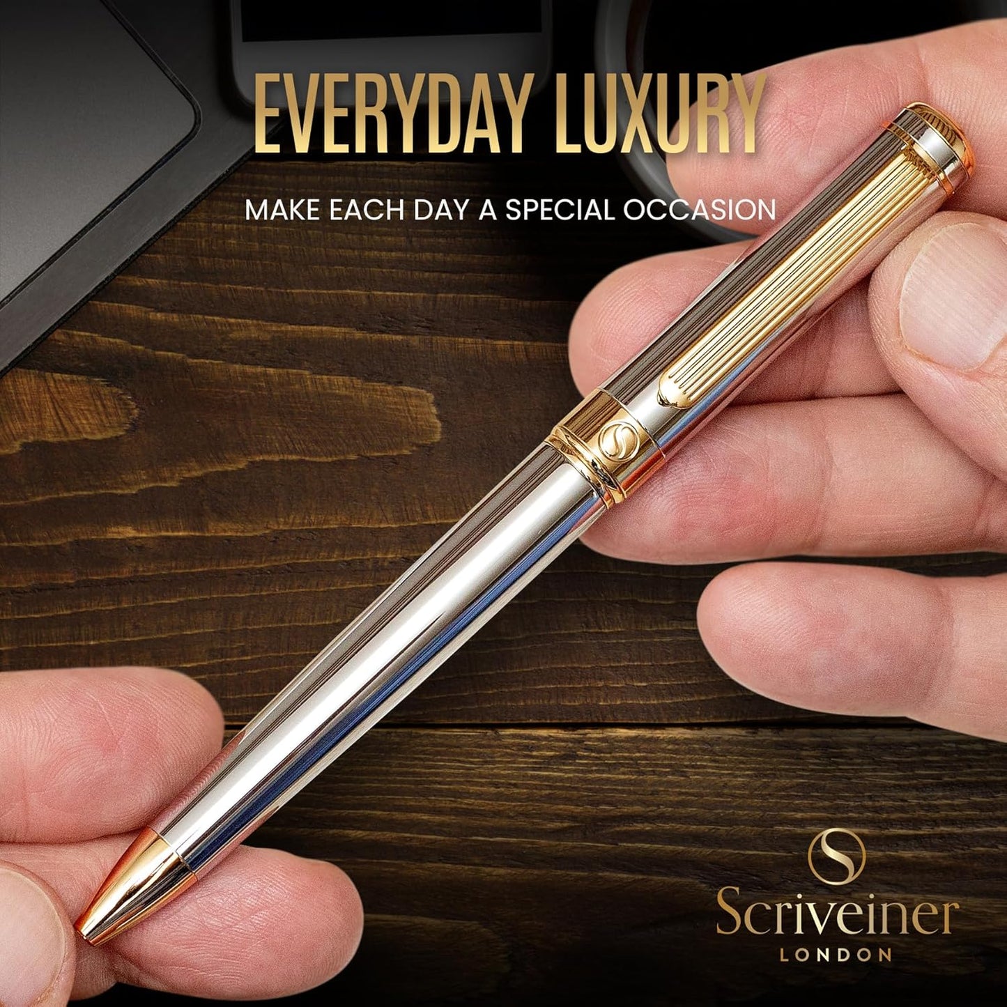 Scriveiner Silver Chrome Ballpoint Pen, Premium 24k Gold Finish, Schmid