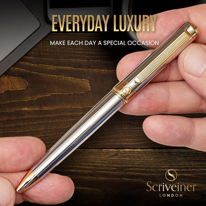 Scriveiner Silver Chrome Ballpoint Pen, Premium 24k Gold Finish, Schmid