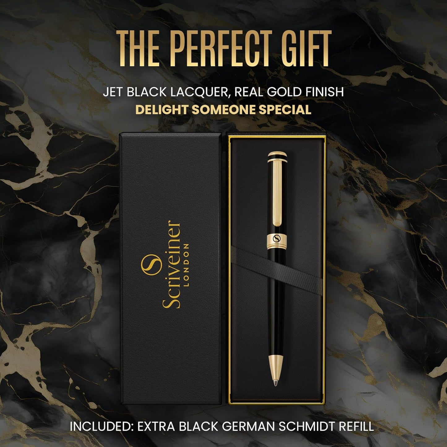 Scriveiner Black Lacquer Ballpoint Pen, Premium 24k Gold Finish, Schmid