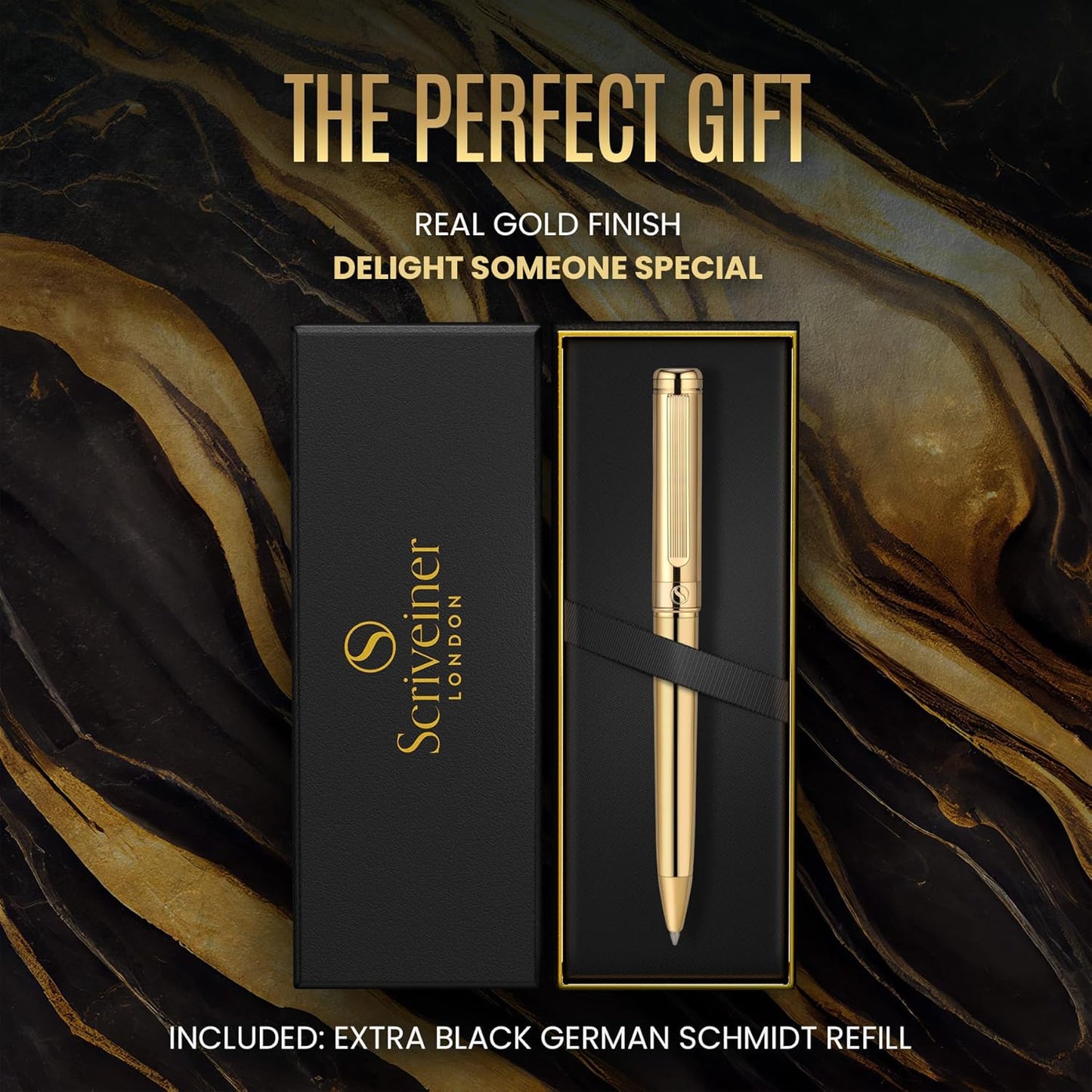 Scriveiner Ballpoint Pen, Premium 24k Gold Finish, Schmidt, Black Refill, Best Ballpoint Pen Gift Set for Men Women Businessmen Offices (Gold)
