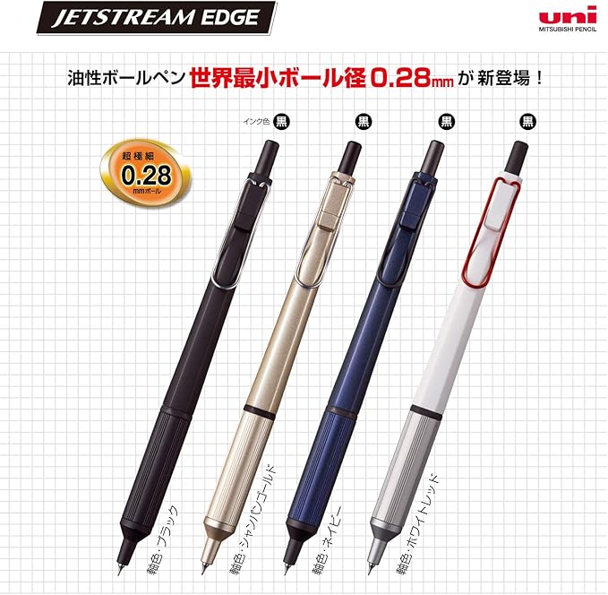 Uni Mitsubishi Pencil SXN100328W.15 Permanent Ballpoint Pen, Jet Stream Edge, 0.28, White Red, Extra Fine Point But Easy to Write