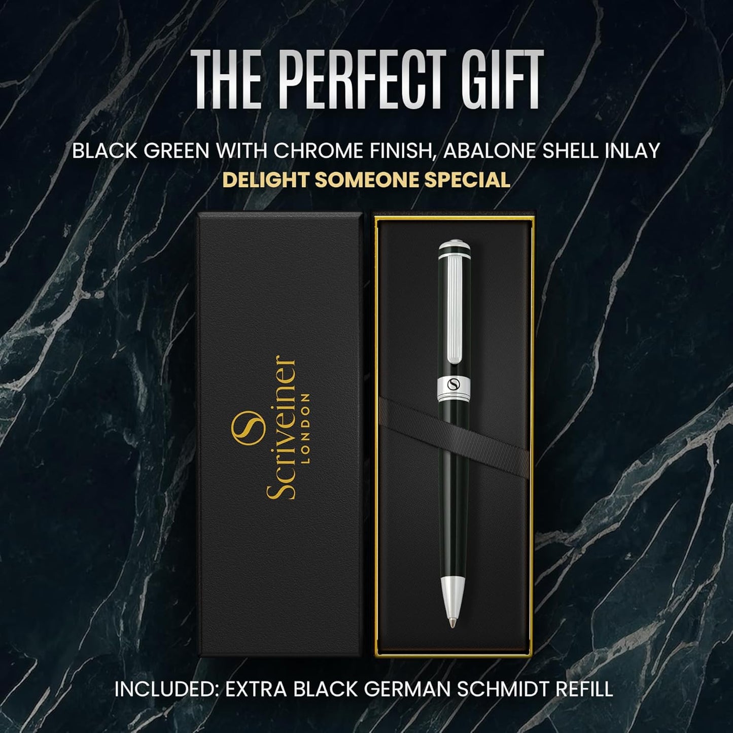 Scriveiner Green Ballpoint Pen - Attractive British Racing Green Fine Pen, Chrome Finish, Schmidt Black Refill, Scriveiner Black Green Ballpoint Pen