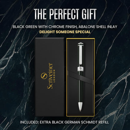 Scriveiner Green Ballpoint Pen - Attractive British Racing Green Fine Pen, Chrome Finish, Schmidt Black Refill, Scriveiner Black Green Ballpoint Pen