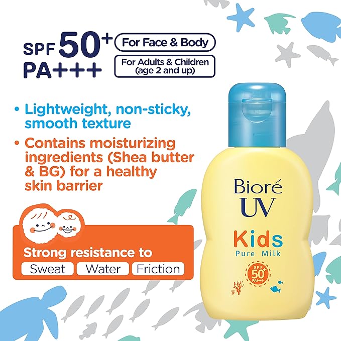Biore UV Kids Pure Milk, Sunscreen, 2.4 fl oz (70 ml), SPF50 / PA+++ Mineral Barrier Protecting Zero UV Absorber Formula for Kids UV Fragrance