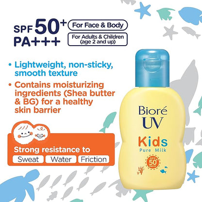 Biore UV Kids Pure Milk, Sunscreen, 2.4 fl oz (70 ml), SPF50 / PA+++ Mineral Barrier Protecting Zero UV Absorber Formula for Kids UV Fragrance