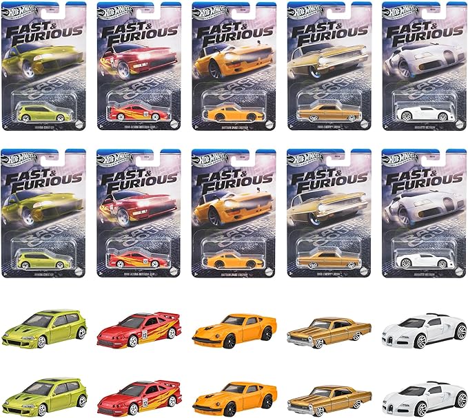 Hot Wheels 986K-HNR88 Fast and Furious Theme Assortment - Racing Course Vehicle Toy Mini Car, Pack of 10, Sold in Box, 3 Years Old and Up Multi