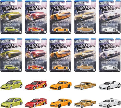 Hot Wheels 986K-HNR88 Fast and Furious Theme Assortment - Racing Course Vehicle Toy Mini Car, Pack of 10, Sold in Box, 3 Years Old and Up Multi