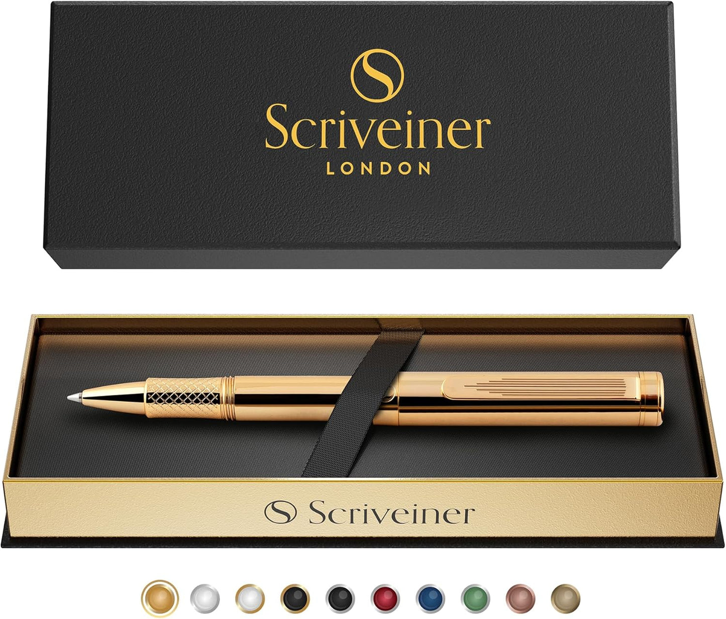 Scriveiner Heavy Gold Rollerball Pen, German Schmidt Refill, Best EDC Writing Pen Gift Set for Men & Women, Nice Fancy Office Pen, Award Winning Luxury Pocket Pen, Real Gold Plated Finish
