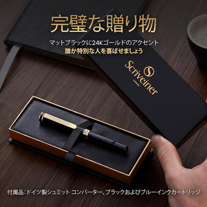 Scriveiner Luxury EDC Fountain Pen (Medium) Elegant Matte Black Pocket Pen 2-Chrome Finish Schmidt German Nib Converter Best Writing Pen Gift Set for Men and Women Elegant Stylish Office Designer
