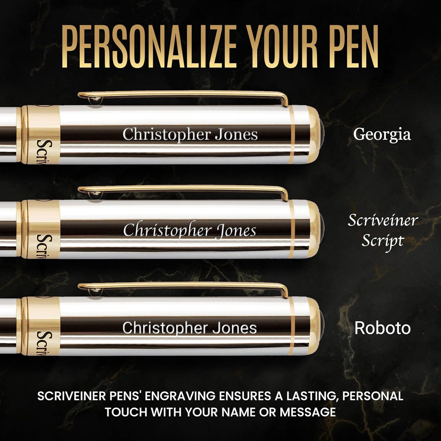 Scriveiner Silver Chrome Ballpoint Pen - Stunning Luxury Pen, 24K Gold Finish, Schmidt Ink Refill, Best Engraved Ballpoint Pen Gift Set for Men and Women, Custom Name Engraving, Custom Name Engraving,