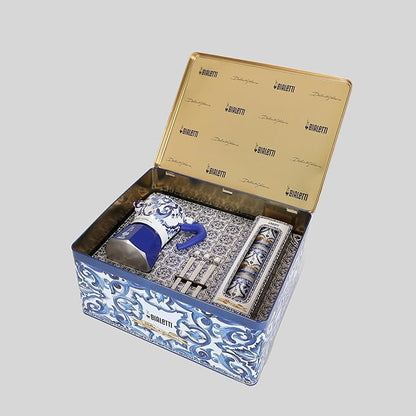 Bialetti Dolce & Gabbana Blue Mediterraneo Moka Express & Espresso Cup Set, Direct Fire