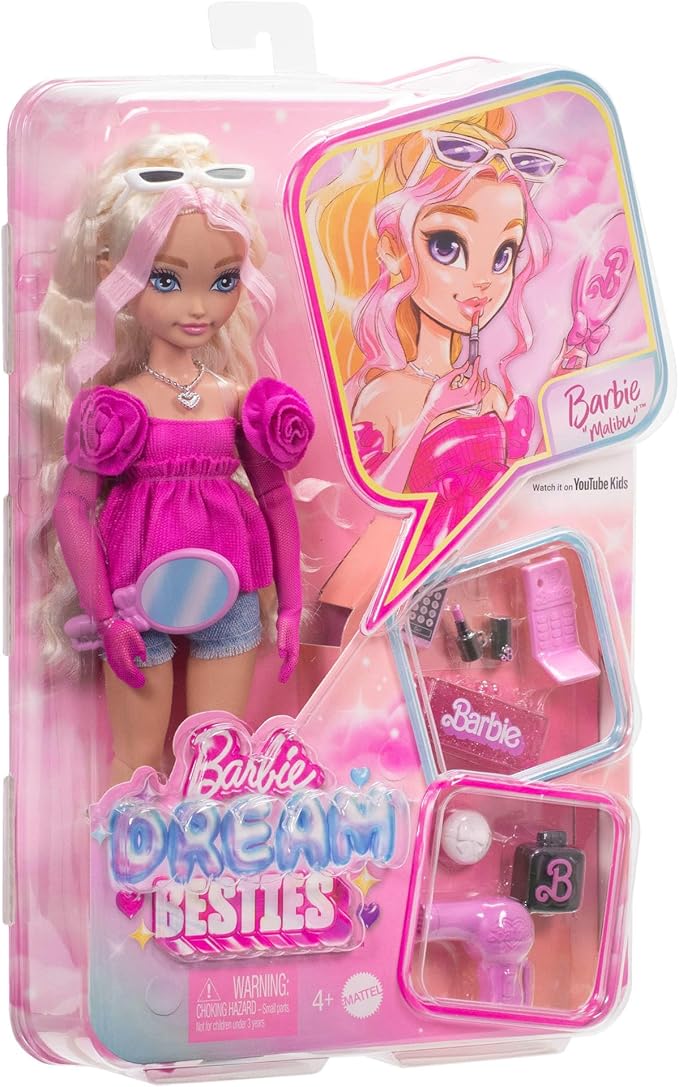 Barbie Dream Besties Doll and Accessories, Malibu" Posable Fashion Doll with Wavy Blonde Hair, 11 Makeup and Hair Themed Pieces