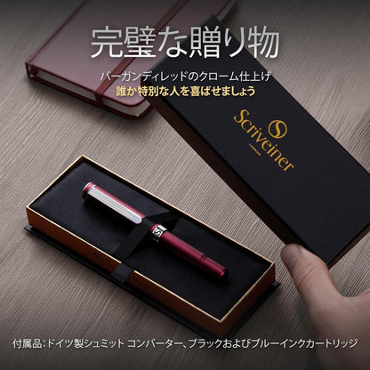 Scriveiner Premium EDC Fountain Pen Medium Point, Lovely Matte Red Pocket Pen, Chrome Finish, Schmidt Tip, Converter, Best Writing Instrument Gift Set for Men & Women, Nice Office Designer Pen