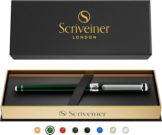 SCRIBER GREEN ROLLERBALL - Extra Dark English Lace Green Premium Pen, Chrome Finish, Ink Refills by Schmidt, Best Rollerball Pen Gift Set for Men & Women, Professional, Executive Offices, Tunning