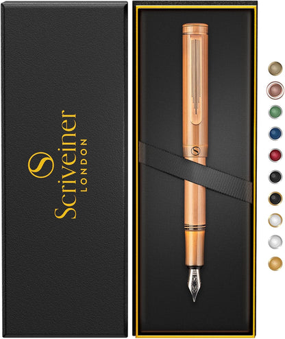 Scriveiner Premium EDC Fountain Pen (Medium Point), Exquisite Brass Pocket Pen, Hand Polished Brushed Copper Finish, Schmidt German Nib Converter, Best Writing Instrument Gift Set for Men and Women