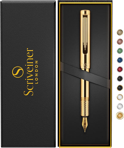 Scriveiner Gold Plated Fountain Pen (Medium Point), Award Winning Fine Pen, 24K Gold Finish Heavy Pocket Pen, Schmidt Nib with Converter, Best EDC Writing Pen Gift Set for Men and Women, Nice and