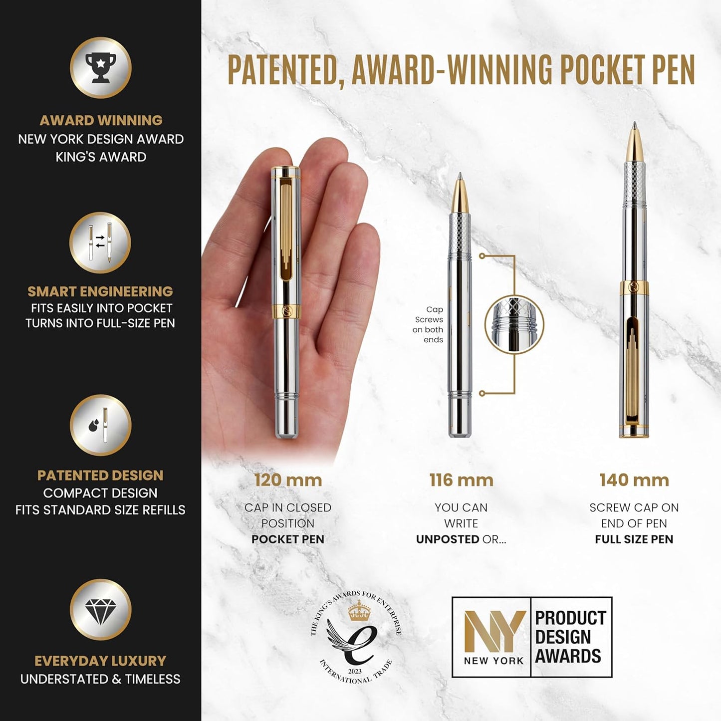 Scriveiner Silver Chrome Rollerball, Award Winning Luxury Pen, Heavy Pocket Pen, 24K Gold Finish, German Schmidt Refill, Best EDC Writing Pen Gift Set for Men & Women, Nice Designer Office Fancy Pen