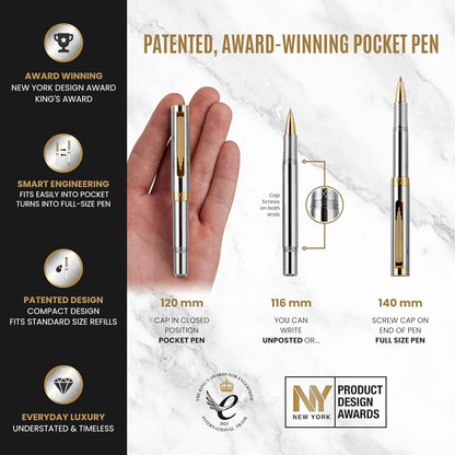 Scriveiner Silver Chrome Rollerball, Award Winning Luxury Pen, Heavy Pocket Pen, 24K Gold Finish, German Schmidt Refill, Best EDC Writing Pen Gift Set for Men & Women, Nice Designer Office Fancy Pen