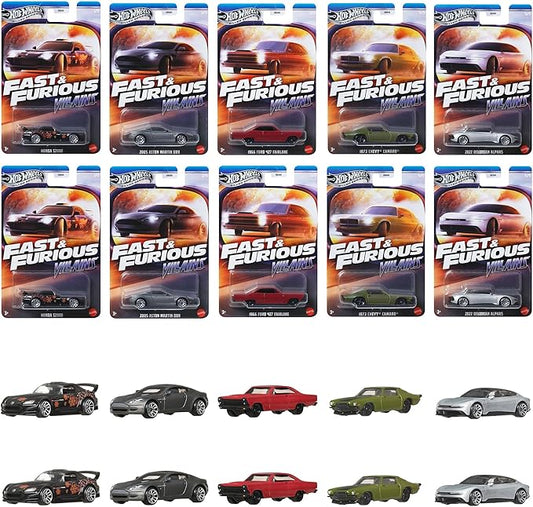 Hot Wheels 986J-HRN88 Fast and Furious Theme Assortment - Villains Vehicle Toy Mini Car, Pack of 10, Sold in Box, 3 Years Old and Up Multi