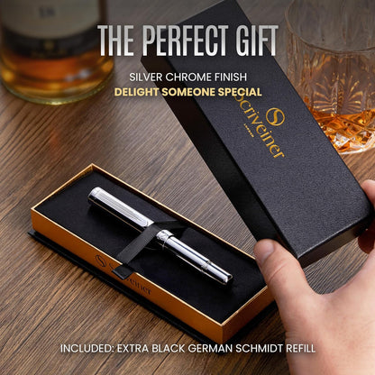 Scriveiner Silver Chrome Ballpoint Pen EDC Luxury Pen Glamorous Heavy Pocket Pen Chrome Finish Comfortable Writing Pen Best Pen for Men Women Gift German Schmidt Refill Nice Office Designer Pen Set