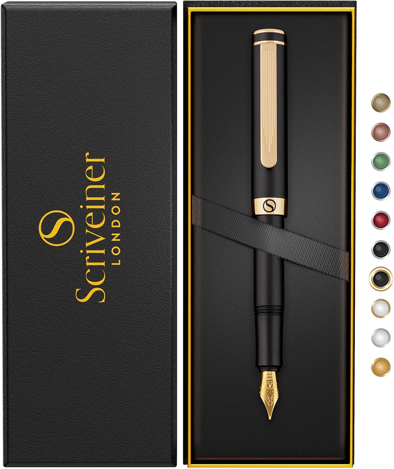 Scriveiner Luxury EDC Fountain Pen (Medium) Elegant Matte Black Pocket Pen 2-Chrome Finish Schmidt German Nib Converter Best Writing Pen Gift Set for Men and Women Elegant Stylish Office Designer